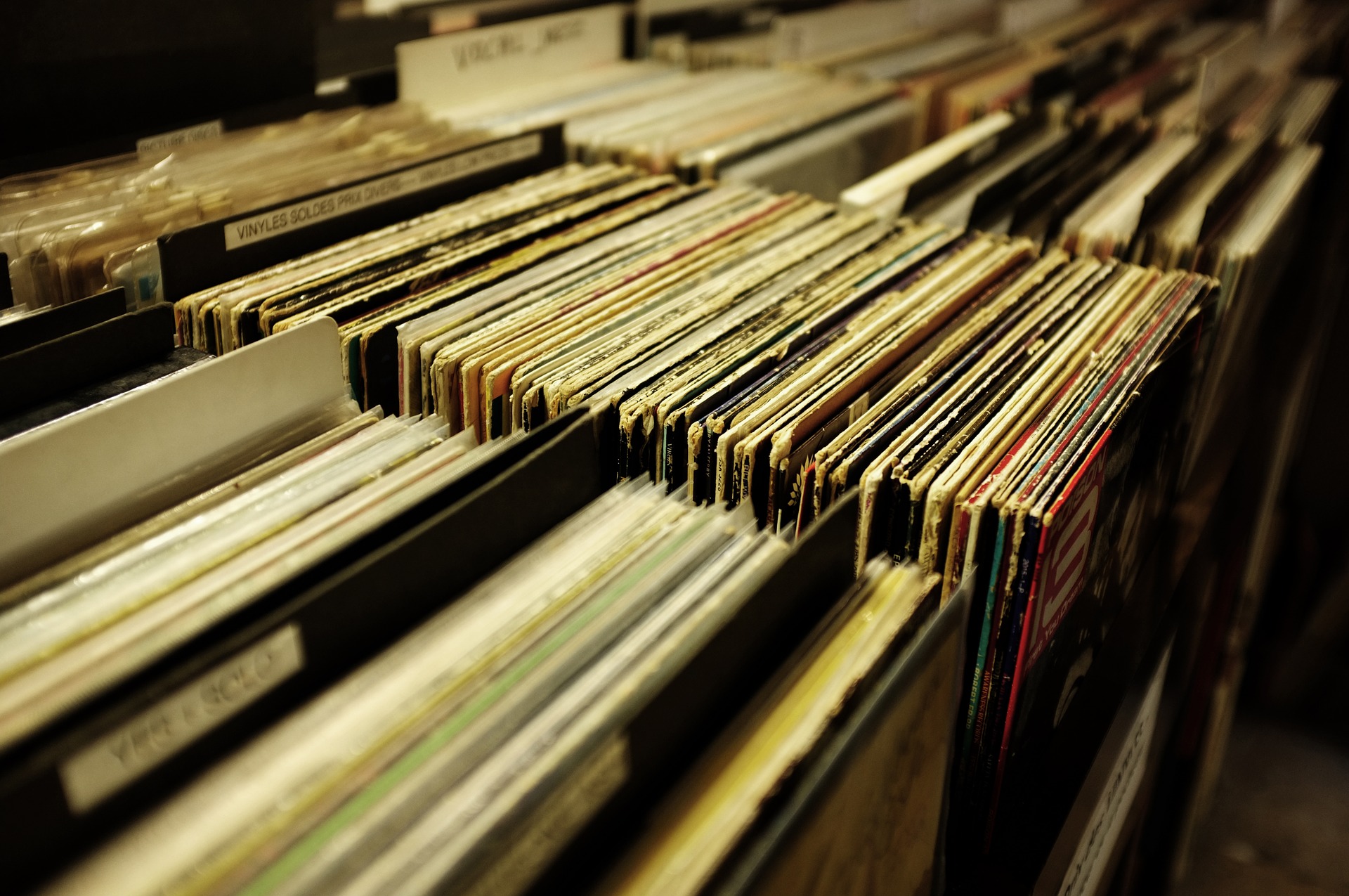 Closeup of record collection