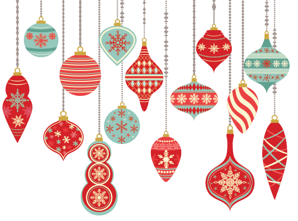 Holiday ornaments hanging from chains