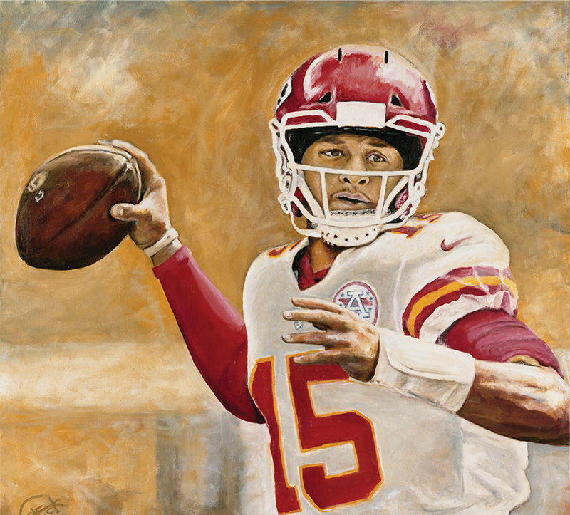 Painting of Patrick Mahomes II created by Chris Fleck. 