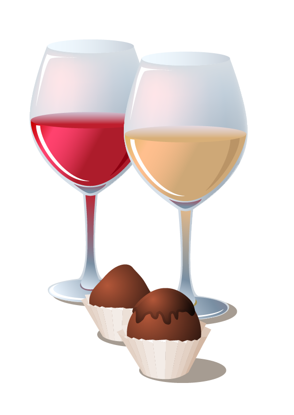 Illustrated wine glasses and chocolate pieces. 