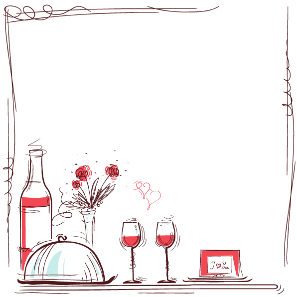 Illustration of wine and a meal with flowers. 
