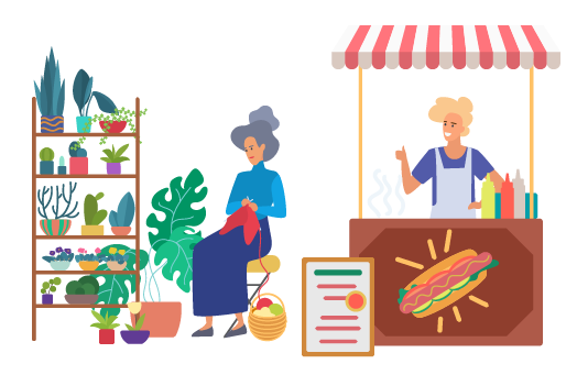 Illustration of cart vendors selling plants and hotdogs. 