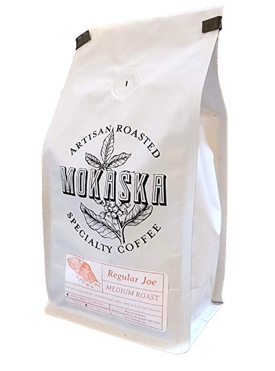 A bag of Regular Joe coffee grounds from Mokaska Coffee in St. Joseph, Missouri. 