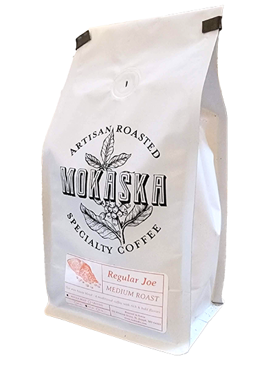 A bag of Regular Joe coffee grounds from Mokaska Coffee in St. Joseph, Missouri. 