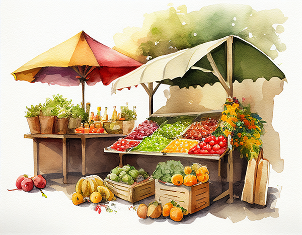 Illustration of farmer's market stalls serving fruits and vegetables. 
