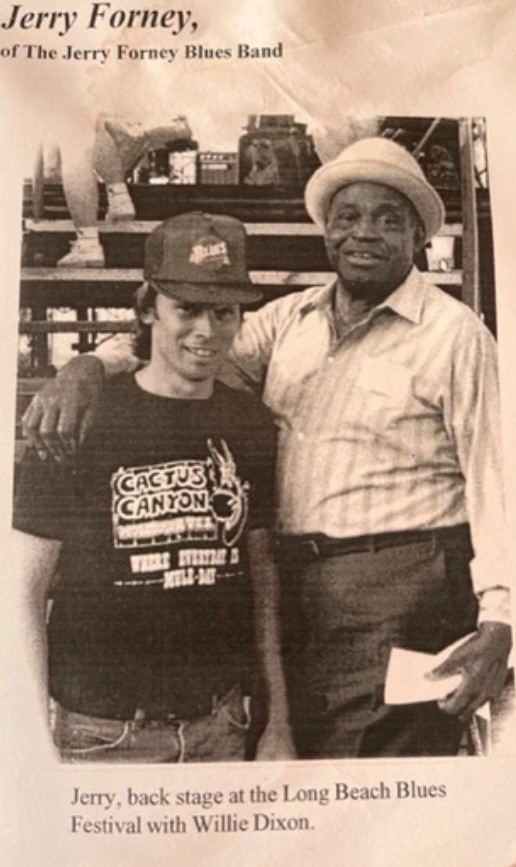Jerry Forney posing with Willie Dixon during the Long Beach Blues Festival. 