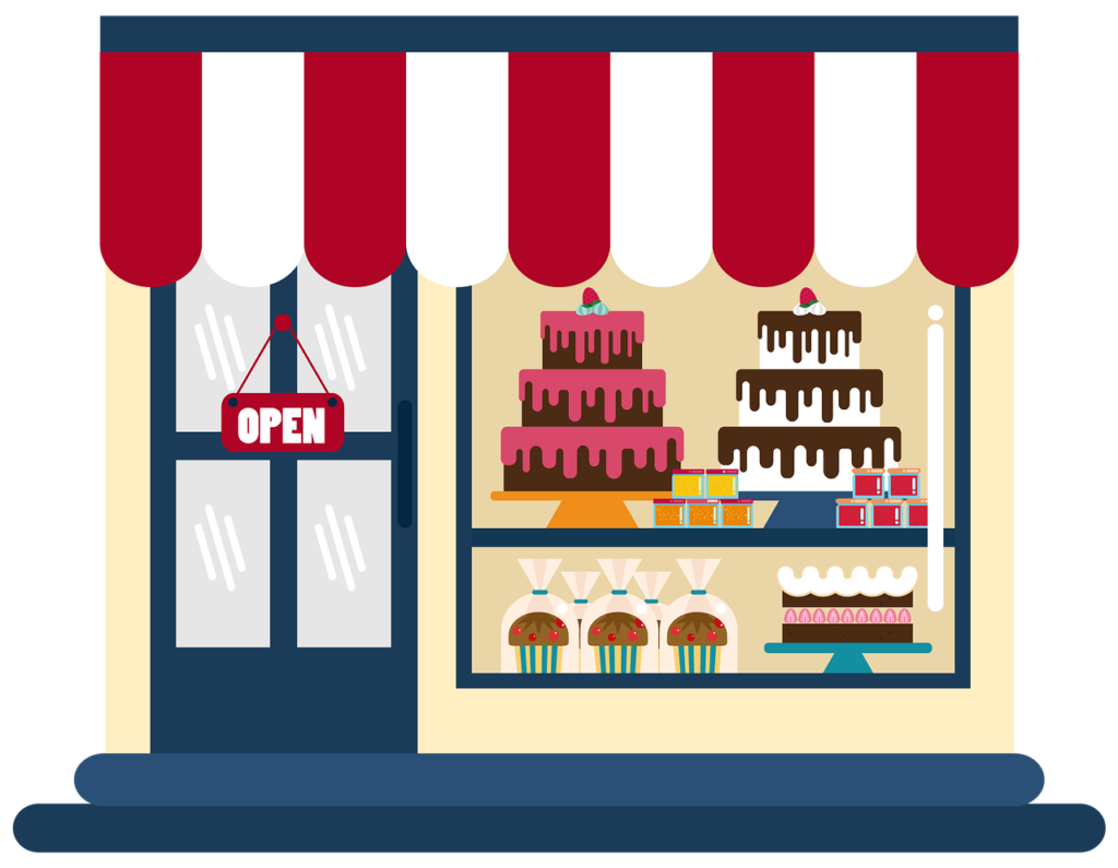 Illustration of bakery with vibrant colors, cakes, and pastries in the window. 