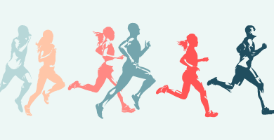 Silhouette of joggers, male and female, blue and red.