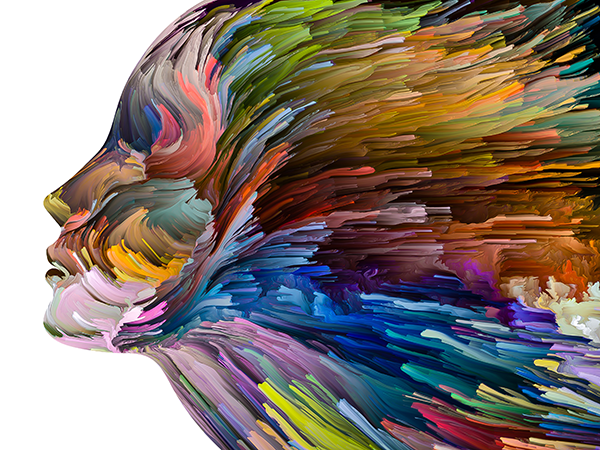 Painting of a woman entering frame. Only paint strokes of vivid colors are visible with no discernable features beyond shape of face in profile.
