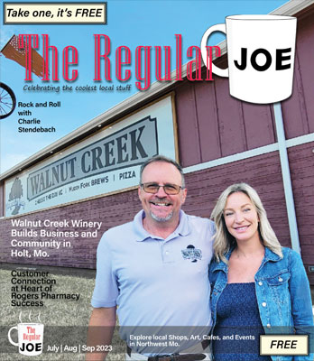 Regular Joe Cover for July, August, September, 2023 with Raymond Jewell and Morgan Loggins posing in front of Walnut Creek Winery in Holt, Missouri.