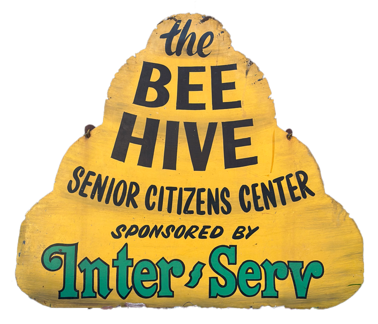 Antique sign for The Bee Hive Senior Citizen Center sponsored by Inter Serv in St. Joseph, Missouri.