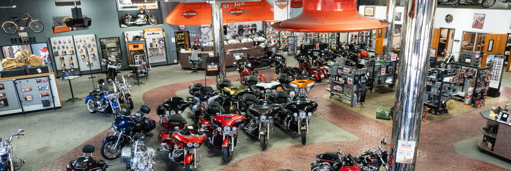 St. Joe Harley Davidson motorcycle dealer showroom floor. 