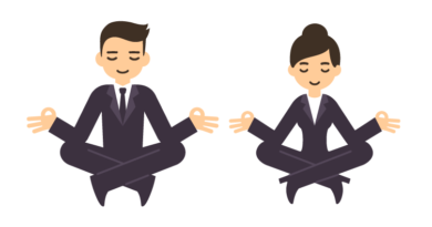Illustration of a woman and a man meditating in business suits.