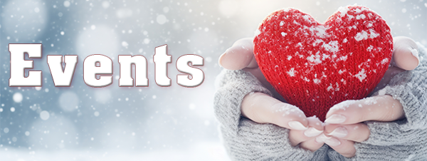 Events title with snow falling and woman's hand holding a stuffed heart.