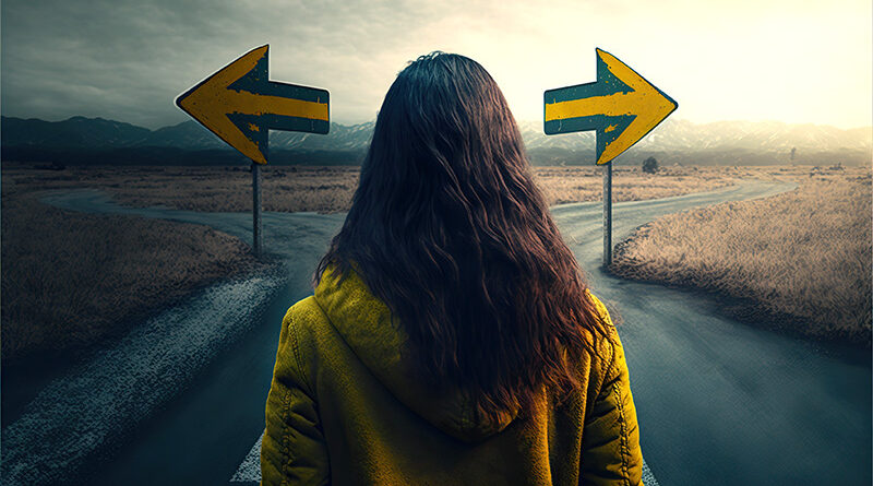 Woman standing in road with arrows pointing in each direction.