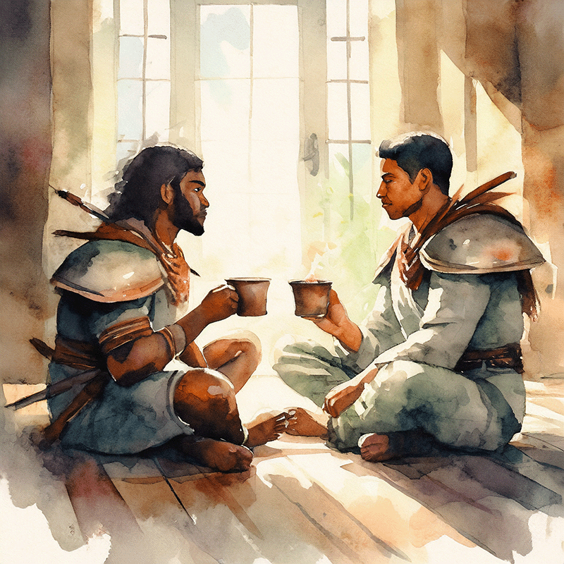 Two men sitting face-to-face, cross legged, wearing antique armor, drinking tea. 