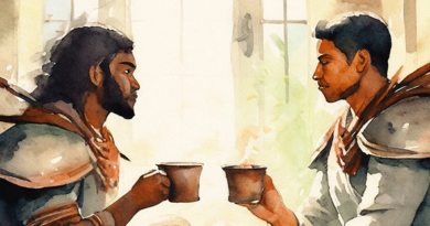 Two warriors sit facing each other drinking tea.