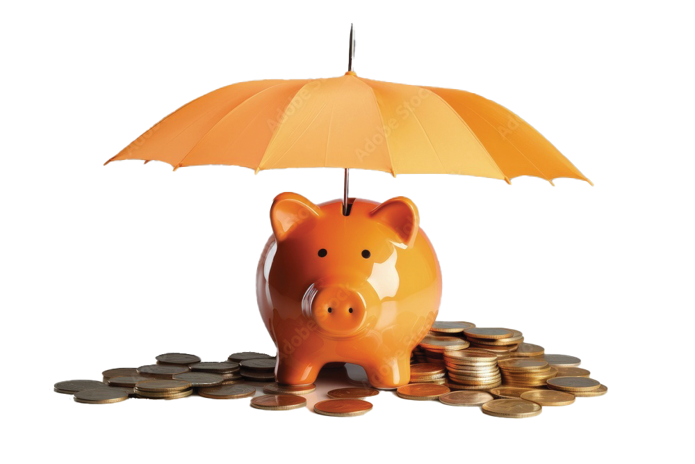 Piggy bank with an umbrella sticking out of it and coins surrounding it. 