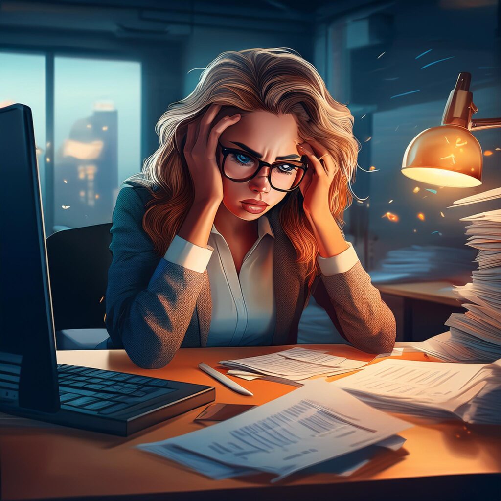 Illustration of a frustrated woman sitting at a desk with her head in hands, surrounded by paperwork. 