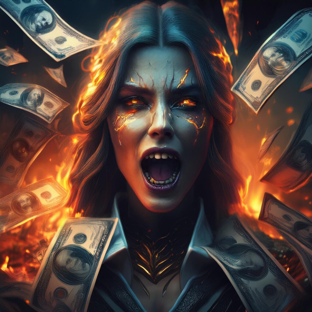 A woman screaming surrounded by fire and money.