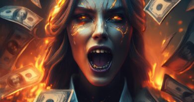 A woman screaming surrounded by fire and money.