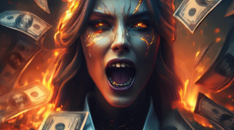 A woman screaming surrounded by fire and money.