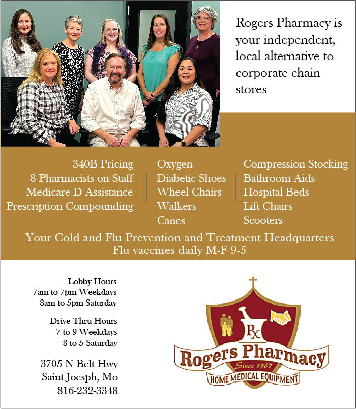 A group of people representing Roger's Pharmacy in St. Joseph Missouri along side a list of services offered, hours of operation, and the Roger's Pharmacy logo.