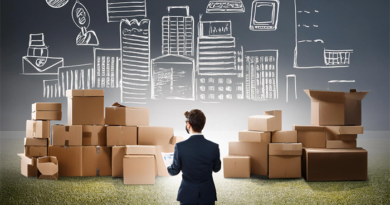 Man standing in front of boxes in a field with drawings of business processes and computers in the sky.