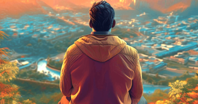 Man sitting on wall looking at city with vibrant sunrise color.