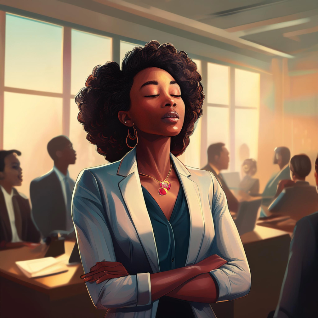 Illustrated woman taking a moment to relax with eyes closed.