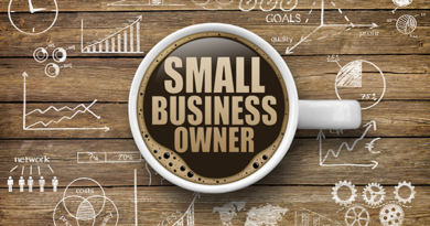 Cup with Small Business Owner written in coffee and charts surrounding it on a table.