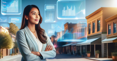 Illustration of a business owner standing on main street with virtual screens floating around her.