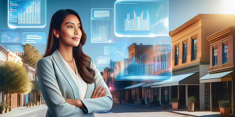 Illustration of a business owner standing on main street with virtual screens floating around her.