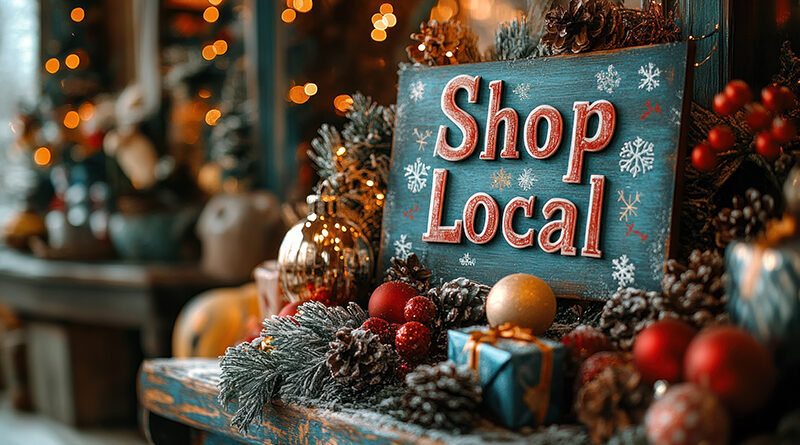 Sign sitting on shelf with Christmas ornaments that says "Shop Local"