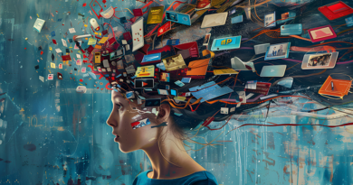 A young woman with social media screens flowing out of her head depicting addiction and stress to social media.