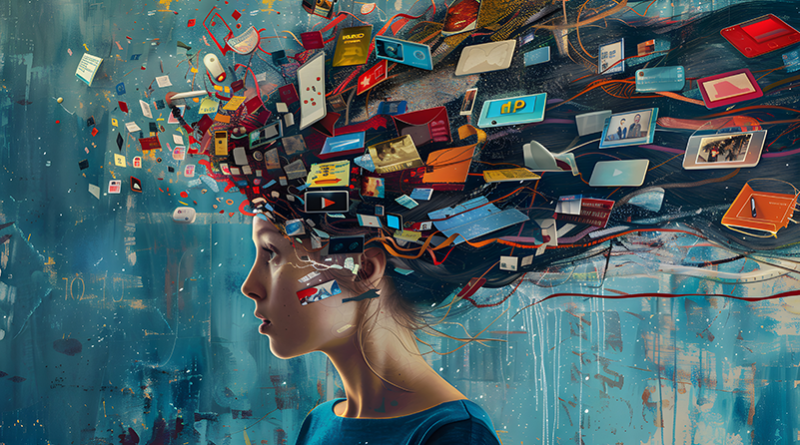 A young woman with social media screens flowing out of her head depicting addiction and stress to social media.