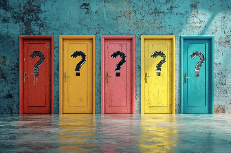 colorful doors with question marks on them.