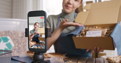 Woman selling goods on social media using phone to record video.