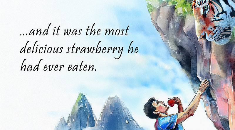 Tiger looks over a cliff at a man eating a strawberry.