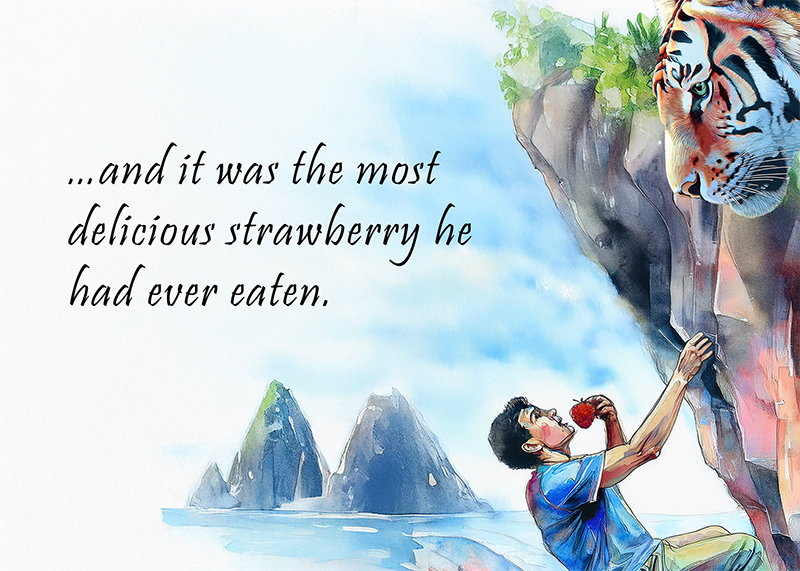 Tiger looks over a cliff at a man eating a strawberry.