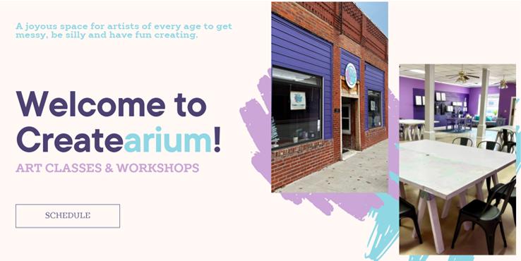 Createarium website banner depicting store front and studio name.
