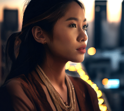 A woman stares out into the city landscape at dusk.