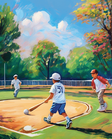 Kids playing baseball in the spring.