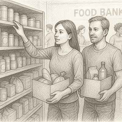 Family shopping for groceries, illustration.