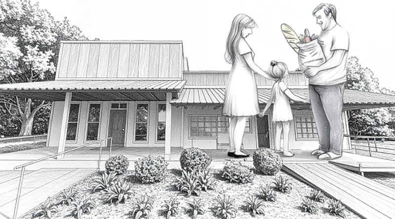 The Kearney Food Pantry with illustrated figures in front of the building.