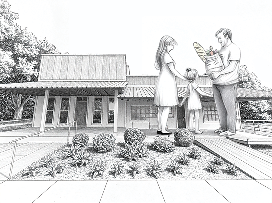 The Kearney Food Pantry with illustrated figures in front of the building.