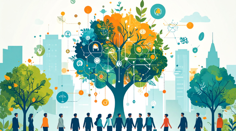Tree with circuit board and people.