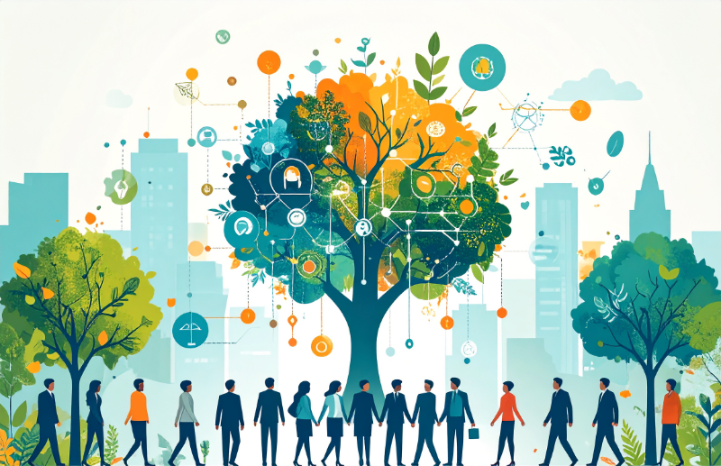 Tree with circuit board and people.