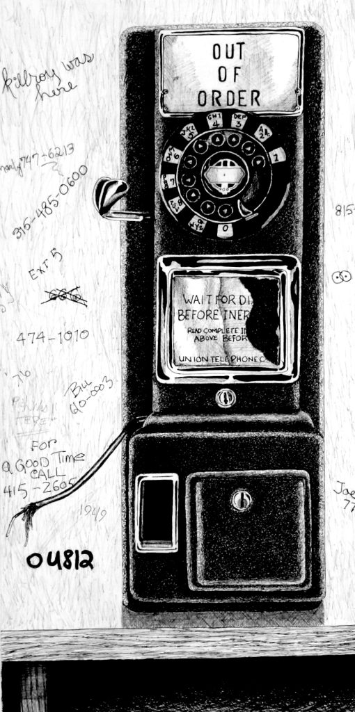 Pen drawing of pay phone by artist Rich Berry.
