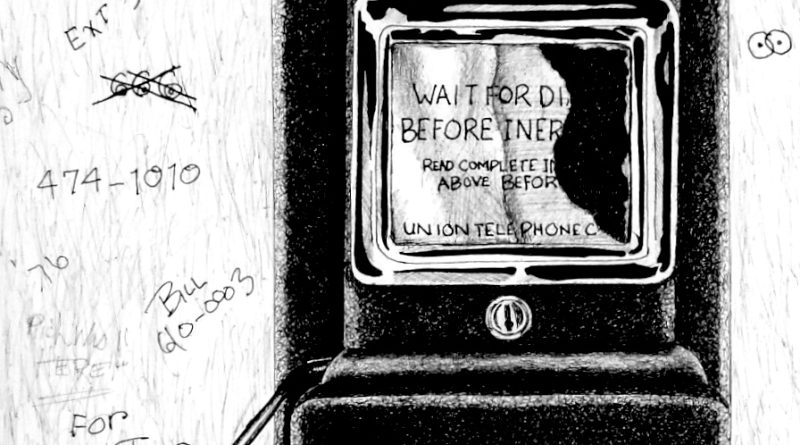 Pen drawing of pay phone by artist Rich Berry.